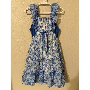 Jona Michelle Girls 6 Blue/White Floral Smocked Ruffle Square Neck Dress